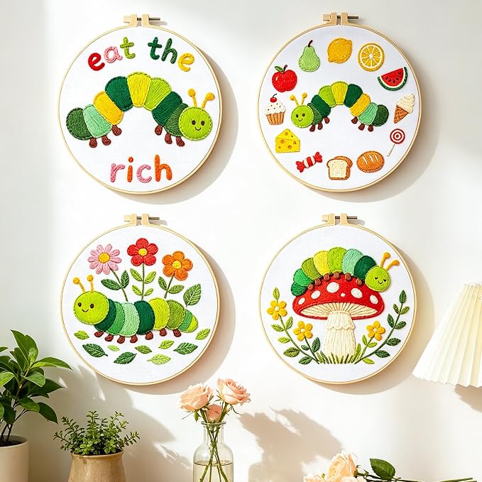 BEUNITONE 4 Set Embroidery Kits for Beginners with Easy Caterpillar Pattern, DIY Craft Kits Include Instructions and 2 Embroidery Hoops, Cross Stitch Needlepoint Kits for Craft Lover and Home Decor