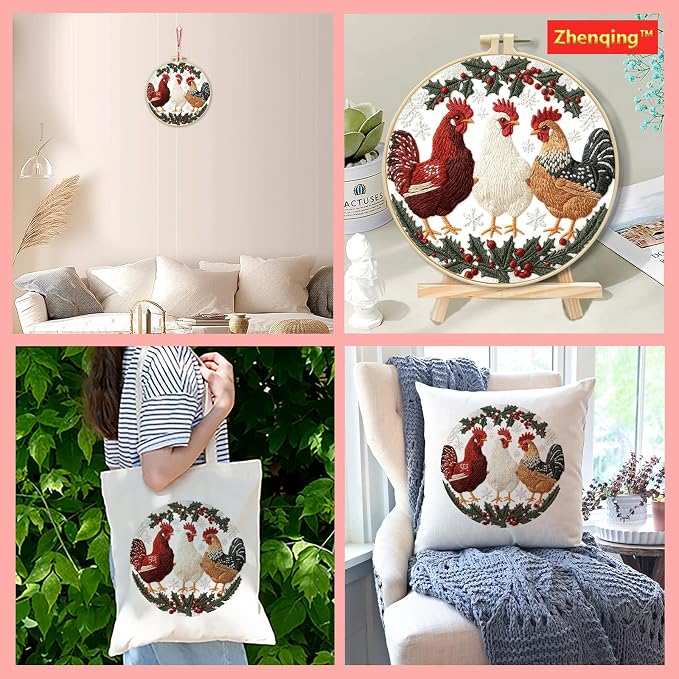 Zhenqing Winter Holly Three Chickens Embroidery Kit for Beginners, 29x29cm Hand Embroidery Set with Hoop, Thread, Printed Fabric(C0152