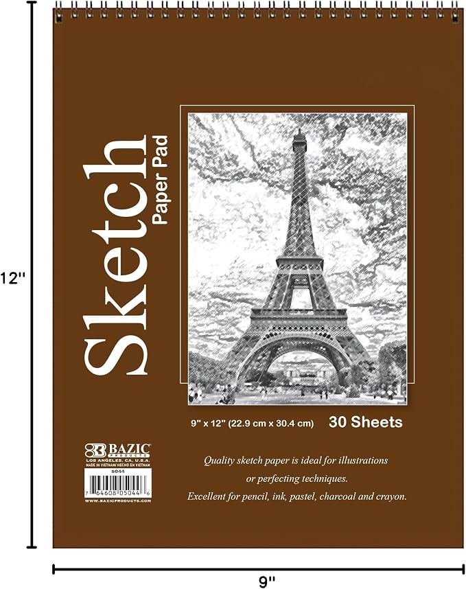 BAZIC Products Spiral Sketch Pad, Top Bound, 9 x 12 in, 30 Sheets, 48-Case