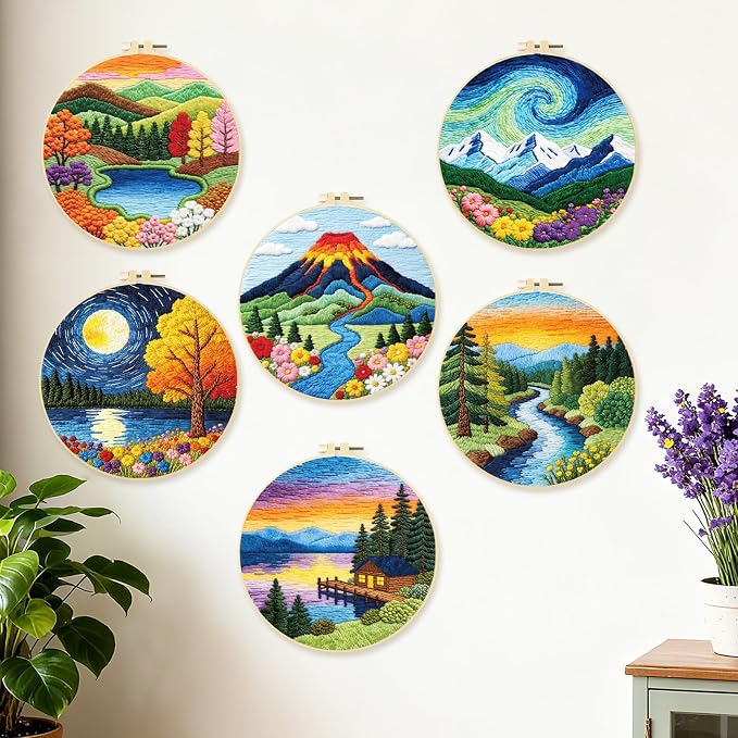 BEUNITONE 6 Pack Hand Embroidery Starter Kit for Adults with Pre-Print Scenery Pattern, Needlepoint Kits with Embroidery Hoop and Instructions, DIY Funny Craft Kits for Gifts and Home Decor