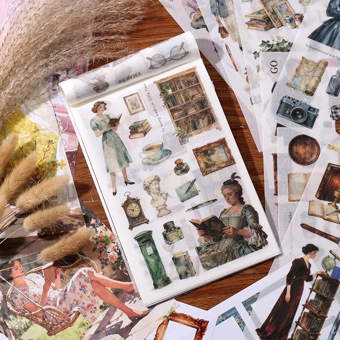Reading Scrapbooking Stickers 400 Pre-Cut Washi Stickers & 20 Scrapbook Papers Vintage Sticker journaling Supplies People Sticker Books for journaling