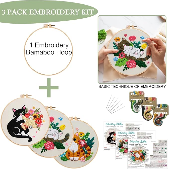 Nuberlic 3 Pack Cat Embroidery Kit for Beginners Adults