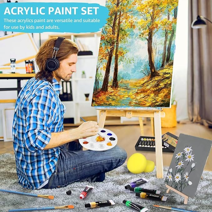 Colorful Acrylic Painting Kit, 24 Colors Paint Set with Brushes & Easel | Smooth blending, versatile art supplies for canvas painting, crafts, home project &creative gifts for beginners &artists