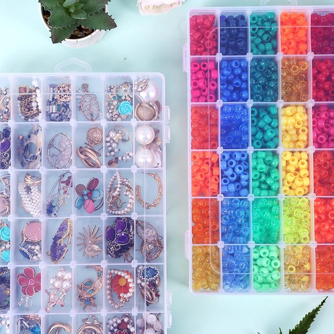 Bead Organizer Storage 4 Pack 36 Grid Jewelry Tackle Craft Box Adjustable | Clear Plastic, Adjustable Dividers, Label Stickers Included, for Beads Jewelry Crafts Fishing Tackle and Small Parts