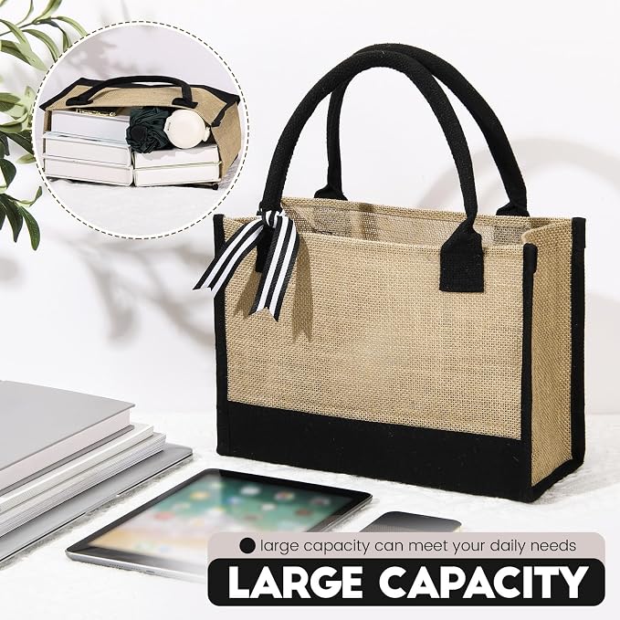 Sweetude 4 Set Jute Burlap Tote Bag with Canvas Makeup Pouch Reusable DIY Craft Blank Gift Bags for Wedding Bridesmaid(Simple,Black)