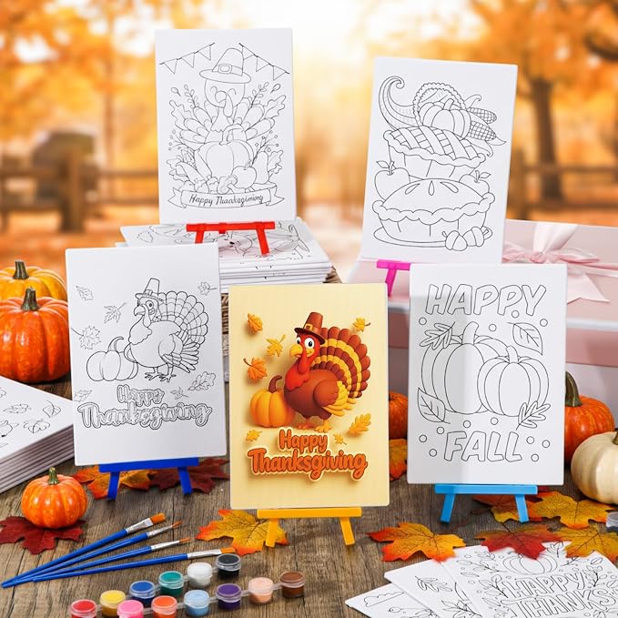 Blosssound 24 Pack Fall Pre Drawn Canvas Painting Kit 5 x 7 Inch Pre Printed Canvas to Paint with Easel, Paint Pots Brushes Stretched Panels Bulk for Adult Autumn Thanksgiving Sip Party Student DIY