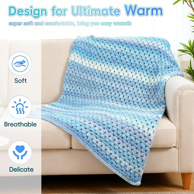 Aeelike Crochet Blanket Kit for Beginners, Easy Crochet Kits, Blue Gradient
