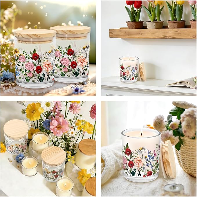 Whaline 12Pcs Wildflower Empty Candle Jar with Wooden Lid 7 oz Spring Floral Glass Candle Container for Candles Making Storing Kitchen Table Centerpiece Decoration