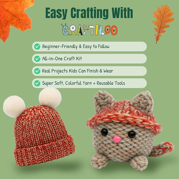 Knitting Kit for Kids - Beginner Loom Knitting Kit to Make a Hat & Cat