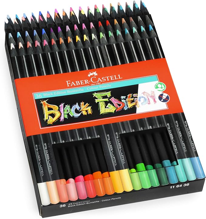 Faber-Castell Black Edition Colored Pencils, 36 Count, Neon & Pastel | Brilliant coloured pencils for light and dark paper with soft colour stroke, shatter-proof and ergonomic colouring pens