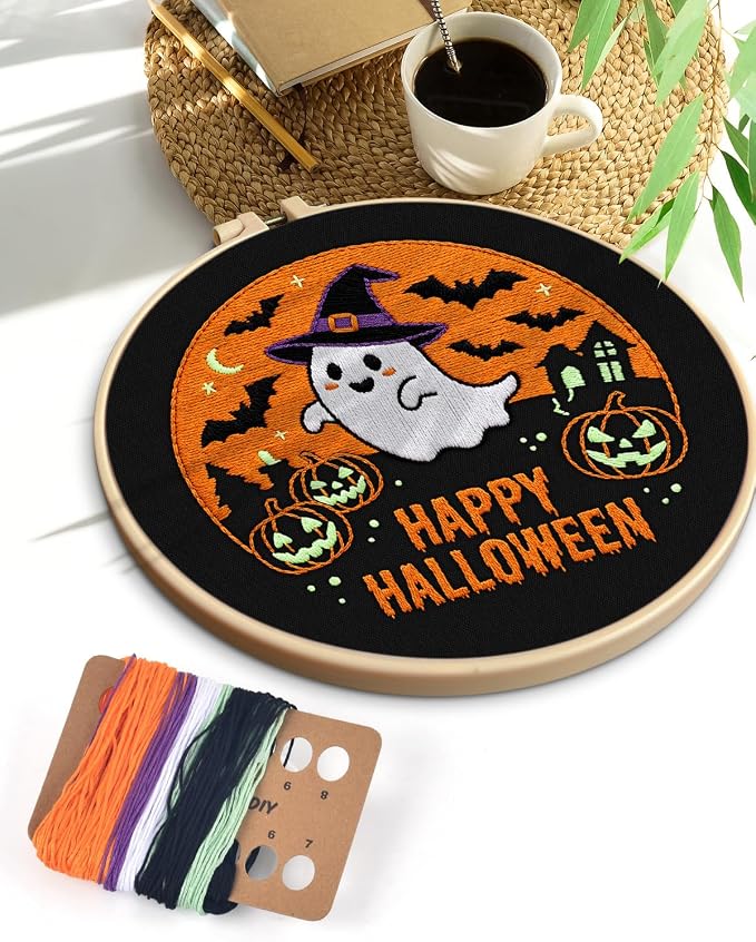 TINDTOP Halloween Embroidery Kit for Adult, Embroidery DIY Starter Kit, with Stamped Patterns, Hoop, Tools, Colorful Threads with Needles, Instructions (Halloween B)