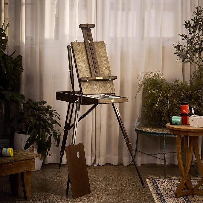 French Easel for Painting: Deluxe Beech Wood Plein Air Easel Stand with Metal Side Tray - Portable Sketchbox for Outdoor Field & Studio - Holds Canvas up to 34"- Gray Walnut