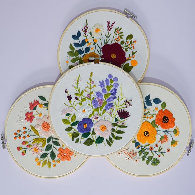 Bonroy Embroidery Kit for Beginners with Instructions,Cross Stitch Kits for Adults with Pattern,Needlepoint Kits for Adult Include Embroidery Cloth Hoops Needles Threads (flowers2)