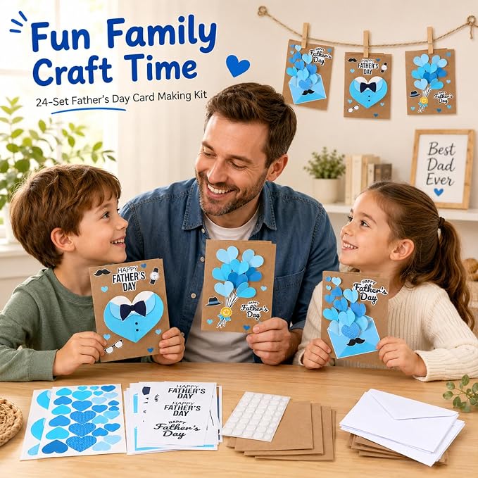 Yomjress 24 Sets Father's Day DIY Card Making Kit 3D Heart Tie Trophy Greeting Cards with Envelope Stickers Fathers Day DIY Card Crafts for Gifts Exchange Best Dad Daddy Papa Party Favors