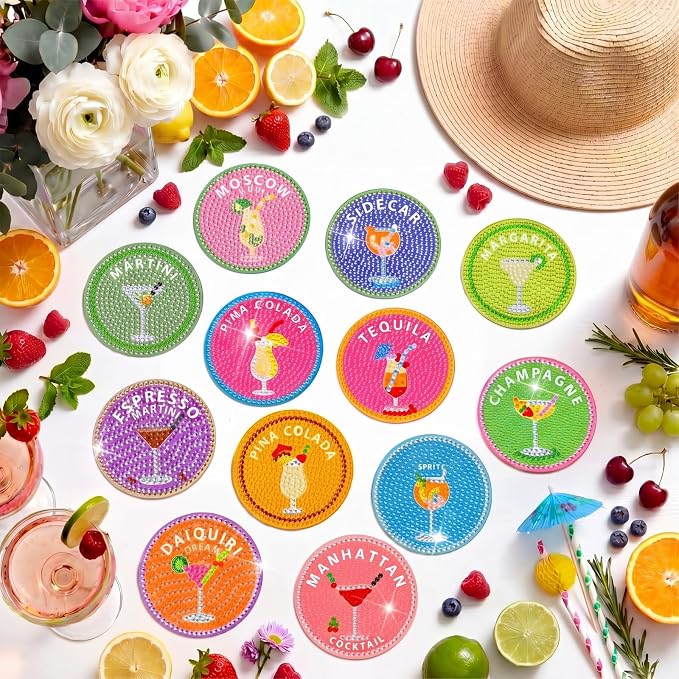 Zonon 12 Pcs Diamond Painting Magnets Cocktail Themed Round Fridge Stickers | Colorful Drink Theme for Kitchen Office Locker, Art Craft for Adults, Adhesive Round Stickers, Summer Party Home Decor