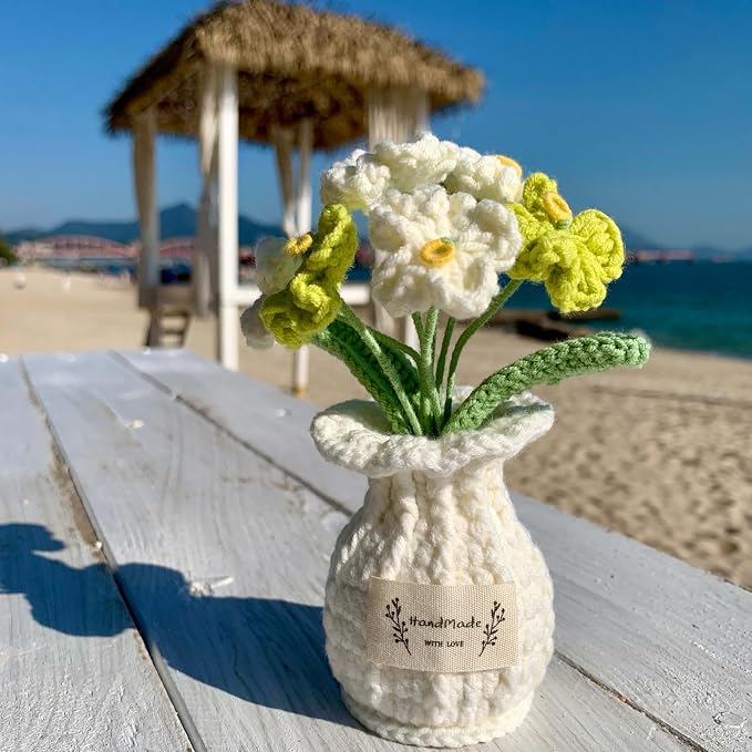 Forget-Me-Not Crochet Flower Potted Plant – Handmade Desk Decor, 7 Bloom Crochet Flowers in Fresh Green Shades