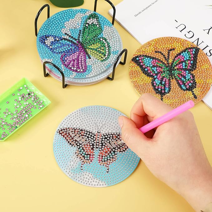 UPINS 8Pcs Butterfly Diamond Art Painting Coasters for Drinks | DIY Life Coaster Diamond Art Kits ,for Adults Kids Beginners Diamond Art Craft Supplies