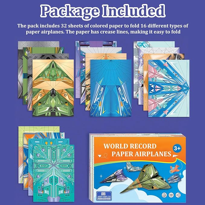 Xuoent Paper Airplane Kit, Kids Origami Kit, World Classic Paper Planes with 32 Sheets 16 Creative Designs, STEM Origami Paper Craft Set with Digital Video Tutorial, Crafts for Kids Age 6-12