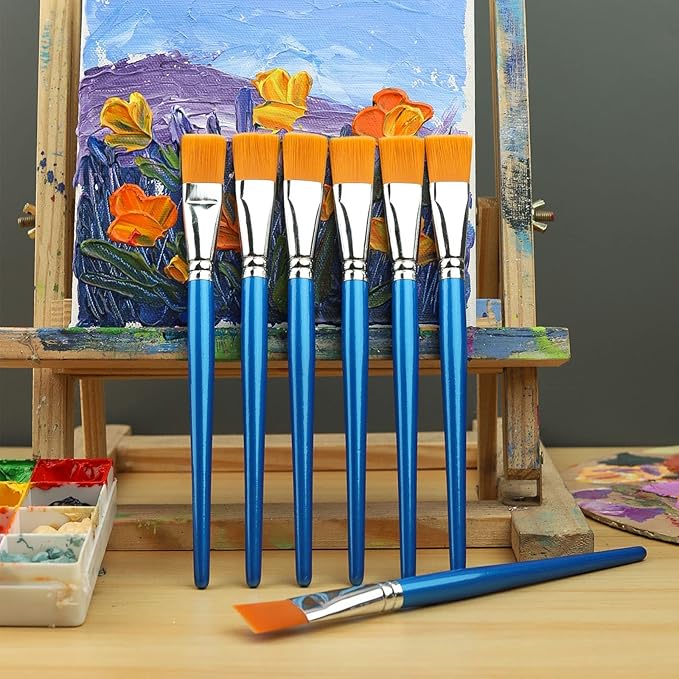 1 inch Flat Paint Brushes for Acrylic Painting,12 Pieces Large Synthetic Paint Brushes Bulk with Wooden Handle for Acrylic, Watercolor, Oil, Crafts, Face Body Art (Pack of 2)