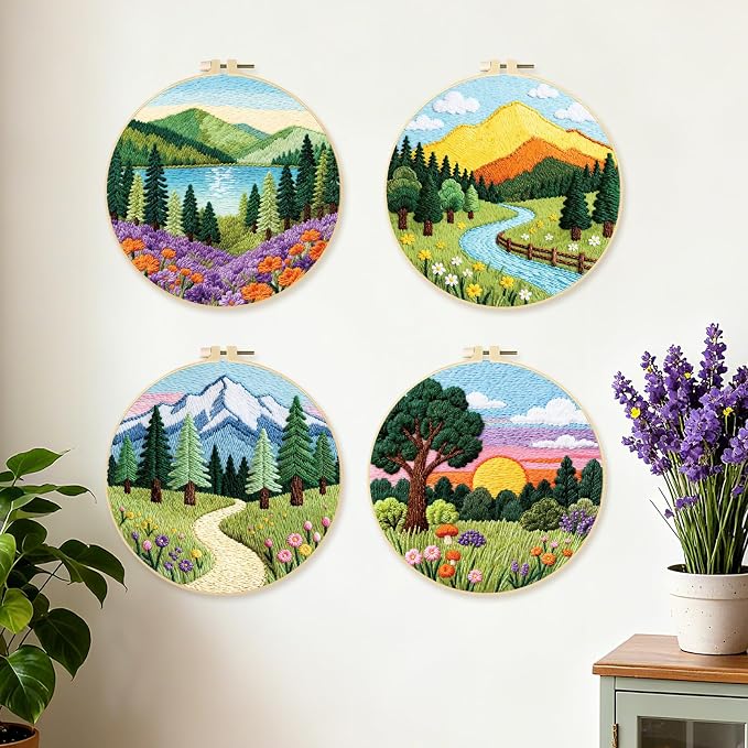 BEUNITONE 4 Set Forest Pattern Embroidery Kit for Adult Beginners Scenery Pre-Printed Designs Cross Stitch Kits, Needlepoint Kits for Adults, Handmade Embroidery for Home Decor 20x20cm