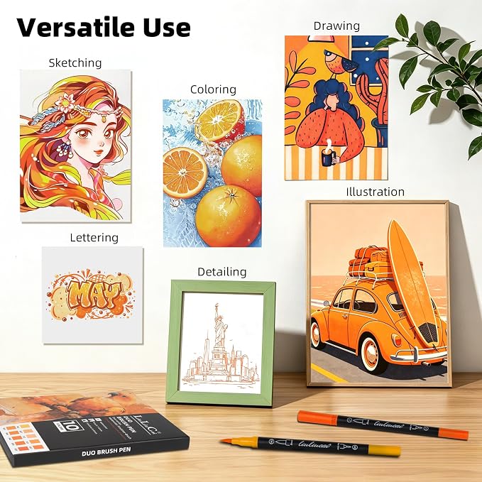 LIULIUCAI 10 Orange Dual Marker, Fine & Brush Tip Pen for Adult Coloring