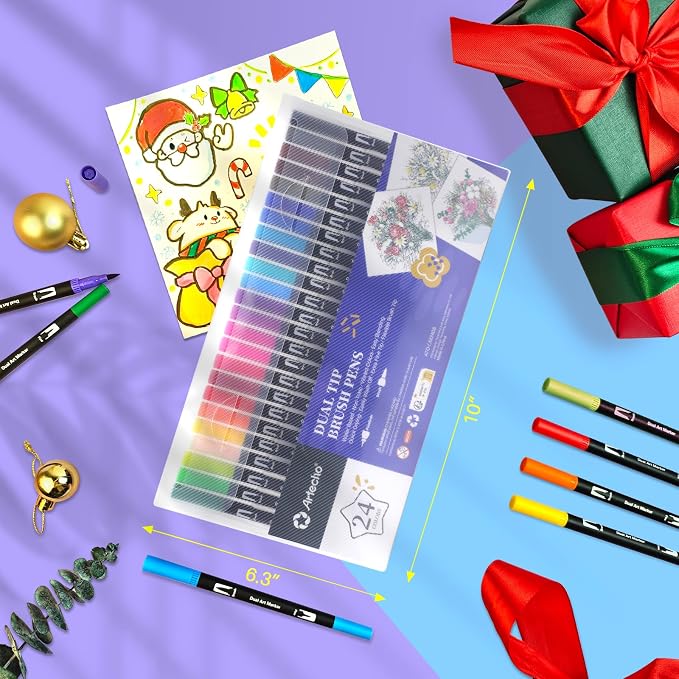 Artecho 24 Colors Dual Tip Markers for Adult Coloring Books | Drawing Pens For School, Fine and Brush Tip, Calligraphy, Drawing, Sketching