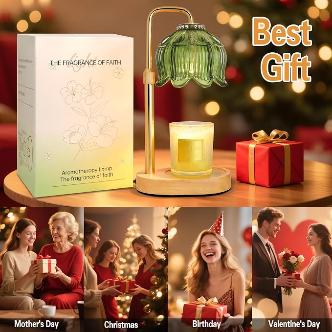 XJZJY Green Flower Candle Warmer Lamp with Timer, Birthday Gifts for Women | Dimmable wax melt warmer with 2 bulbs for jar candles, height adjustable, lotus flower lamp, home decor, housewarming gift