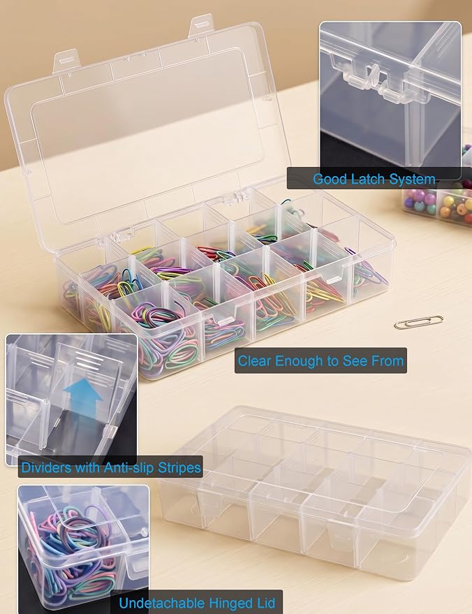 Hlotmeky Plastic Organizer Box with Dividers Bead Organizer 15 Large Grids Tackle box Organizer Clear Snackle Box Container