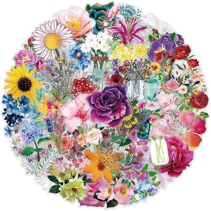 60 PCS Transparent Colorful PET Floral Stickers, for Water Bottle Laptop Cars Guitar Skateboard Bumper Vintage Waterproof Music Stickers for Teens Adults (Colourful-F10)