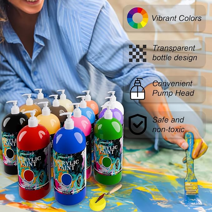 Acrylic Paint Sets for Adults 33.8oz/1000ml, 14 Color Large Bulk Paints kits, 1/4 Gallon Rich Pigment Art Painting Supplies for Artists/Beginners, Acrylic Paint Sets for Canvas with Pump, Color Wheel