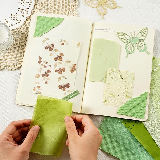 50 Sheets Green Scrapbook Paper, Textured Scrapbook Papers & Mesh Fabric