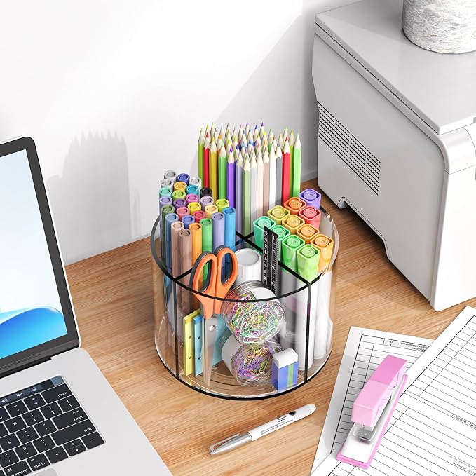 Small Pencil Organizer for Desk Acrylic Art Organizer Clear 4 Compartments | Rotating Art Supply Organizer for Kid, Spinning Marker Caddy Pen Organizer for Desk, Acrylic Pen and Pencil Organizer Storage