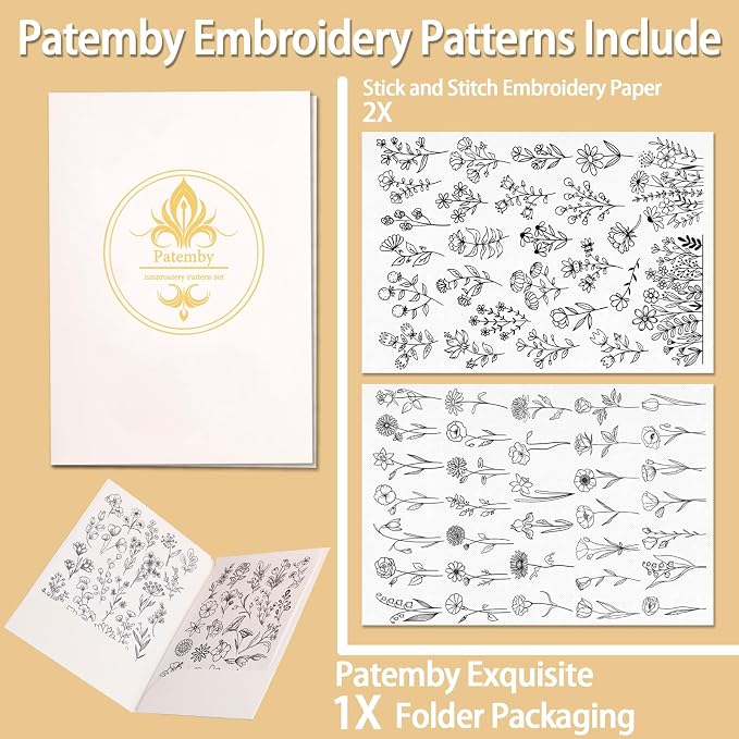 Patemby Embroidery Pattern Water Soluble Embroidery Stabilizers, Stick and Stitch Embroidery Paper Wash Away with Pre-Printed Pattern Designs Stencils Transfers for Hand Sewing Lover Beginner