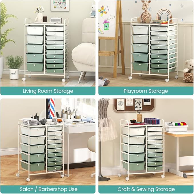 LDAILY 15 Drawer Rolling Storage Cart, Rolling Cart with Drawers for Classroom, Art Supply Craft Organizer on Wheel with Metal Frame & Handles for Home Office School (Gradient Green, 15 Drawer)
