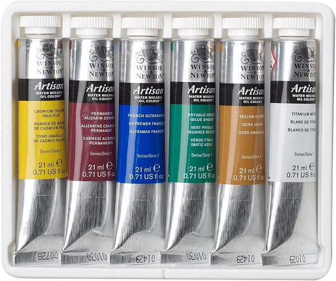 Winsor & Newton Artisan Water Mixable Oil Paint, Starter Set, 6 x 21ml | Clean with water; no solvents needed. Color depth, lightfastness, opacity/transparency are the same as traditional oils.