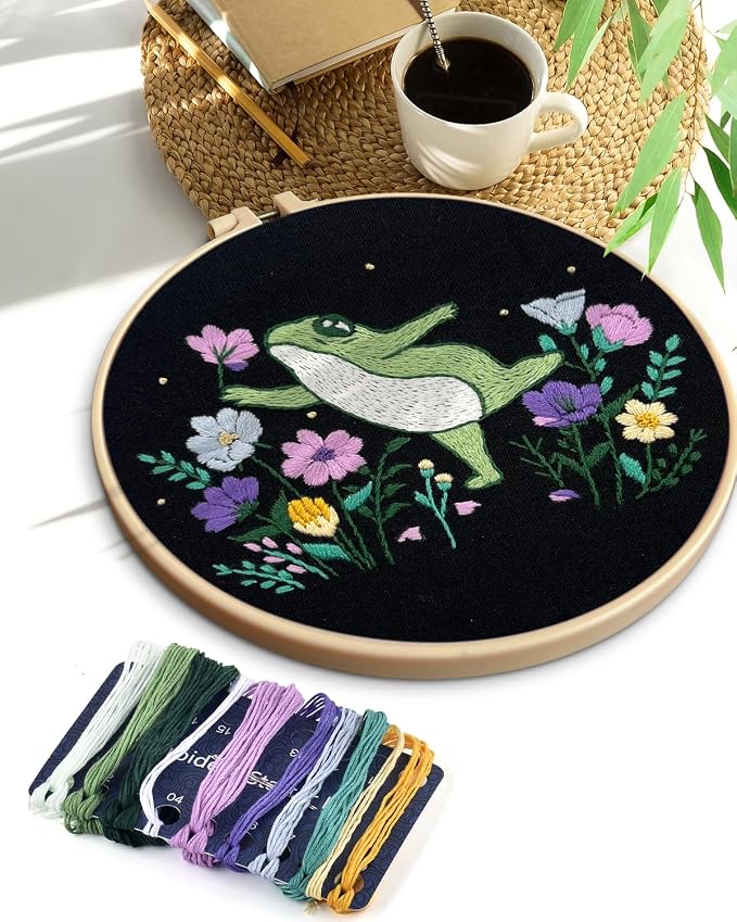 TINDTOP Embroidery Kit for Beginners Adult, Frog Embroidery Kit | Include Embroidery Cloth Hoops Threads for Craft Lover Hand Stitch with Embroidery Skill Techniques