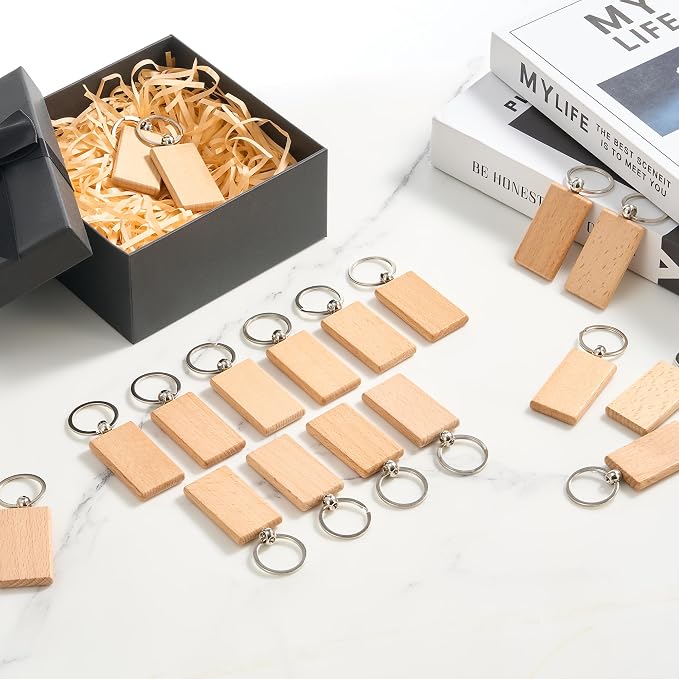 OMTech Wooden Keychain Blanks, Wood Key Chain Bulk, Unfinished Wooden Key Rings Key Tags for Laser Engraving DIY Craft Gift