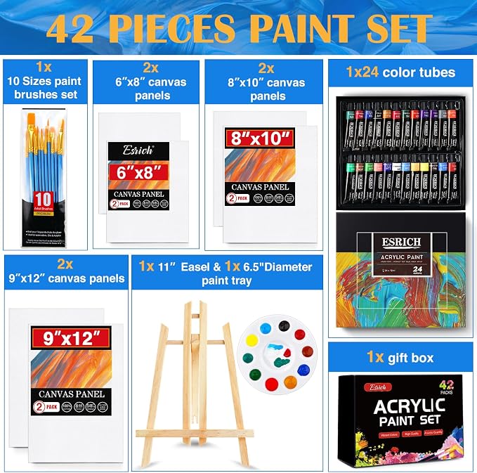 ESRICH 42 PCS Acrylic Paint Canvas Painting Kit with 24 Paints | Acrylic Paint Set, Table Wood Easel, 10 Brushes, 6 Canvas , Painting Supplies for Kids