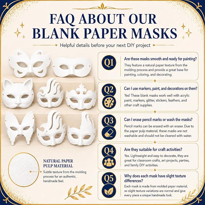 42 Pcs Blank Paper Mache Masks DIY Masquerade Masks Paintable Craft Masks | For Party, Art Projects & School Activities, Theater, Halloween, Cosplay, Couples, Mardi Gras, Half-Face Masks White 7 Styles