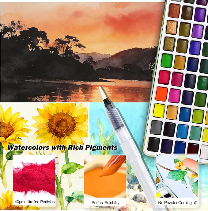 Caliart 50 Colors Watercolor Paint Set, Portable Art Supplies Palette Kit | Travel Water Color Paints with Detail Paintbrush, Art Coloring Painting Gifts for Adults Professionals Beginners Artists