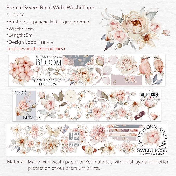 WT Pre-Cut Sweet Rosé Wide Washi Tape, Single Roll, Original Designs, Dreamy Rose Motifs & Subtle Handwritten Accents, Decorative Japanese Paper Tape for Journaling, Scrapbooking, Planner, DIY Crafts