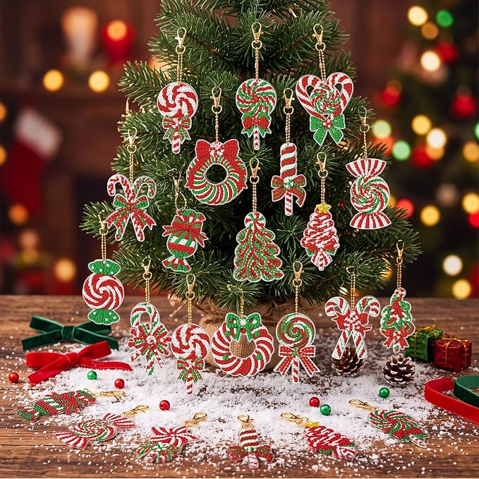 Tondiamo 20 Pcs Christmas Candy Diamond Painting Keychain Kits 5D DIY Diamond Art Pendants Double Sided Hanging Key Chains for Christmas Party Decoration DIY
