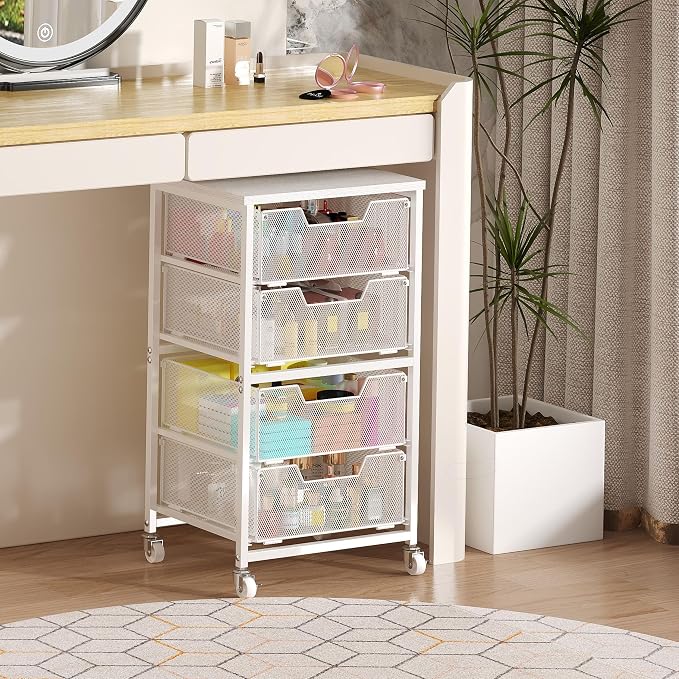 4-Drawer Rolling Storage Cart, Utility Cart with Drawers, White Metal Craft Cart Organizer with Wheels & Wooden Top, Art Supply Storage Organizer for Classroom, Office, Kitchen,Patent Pending