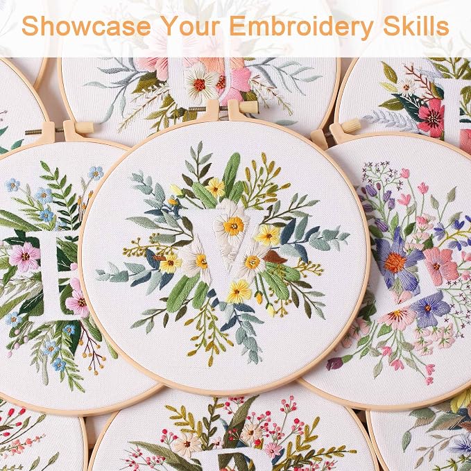 Harimau Letter Pattern V Embroidery Kit for Adult Beginners, Complete Starter Pack with 1 Hoop, Needles, Instruction Guide & Embroidery Stitch Video Tutorials