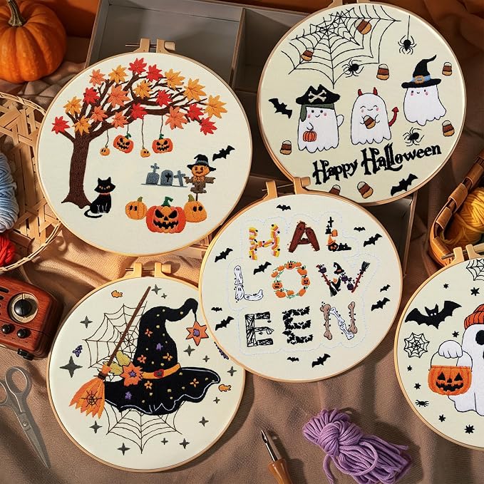 ElasignShopo 5 Sets Halloween Embroidery Kit for Adult Beginners Pumpkin Bat Embroidery Starter Kit Halloween Cross Stitch Kits Needlepoint Kits Includes Instruction 2 Hoops Color Threads Needles