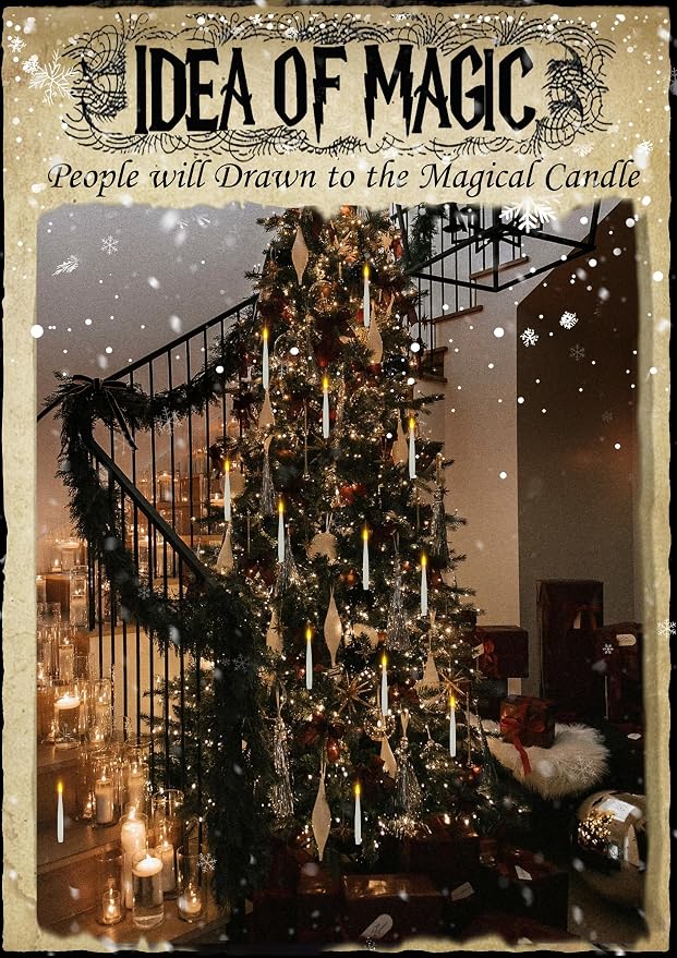 Halloween Decoration Floating Candle with Wand Magic LED Flickering-20PCs | Warm Light Flameless Battery Operated Taper Hanging Candles Set for Birthday Theme Party Gift Classroom Christmas Decor