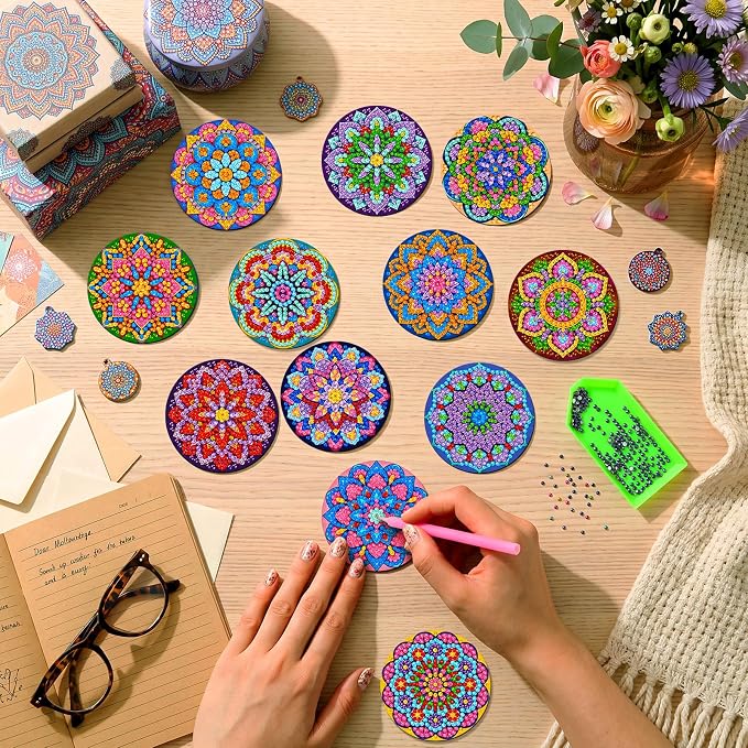 Zonon 12 Pcs Diamond Art Magnets Kits, Neon Mandala Fridge Magnets Boho | Diamond Painting Stickers for Adults DIY Home Decor, Psychedelic Boho Style, Vibrant Mandala, Refrigerator Decorations Kit