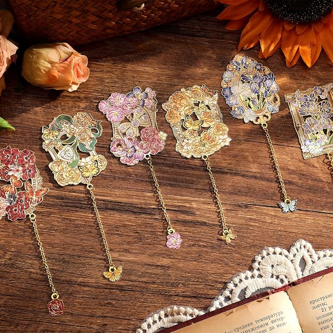 6 Pieces Metal Bookmark, Hollow Flower Book Mark for Book Lovers, Vintage Bookmarks for Reading Women, Men, Teacher, Students