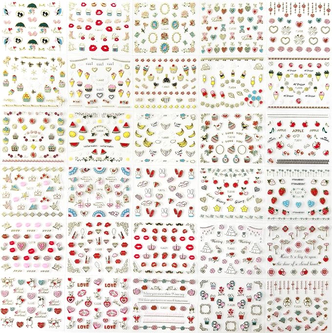 30 Sheets Valentine's Day Nail Art Stickers Red Heart Nail Decals 3D Self-Adhesive Rose Lip Kiss Nail Supplies DIY Acrylic Nails Decoration Accessories for Women and Girls