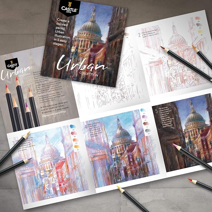 Castle Art Supplies - Urban Sketching 24 Colored Pencil Set in Tin Box, Premium Quality, Smooth Pigmented Cores, Perfect for Cityscape Art